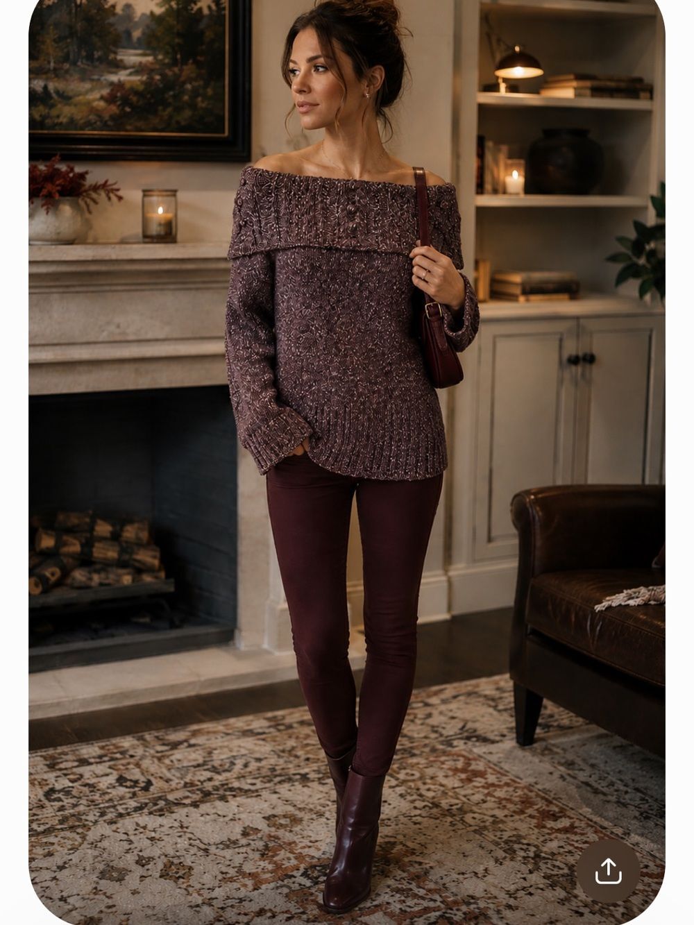 Caslon Burgundy Cowl Neck Sweater Alpaca Blend Chunky Sz Large On/Off Shoulder